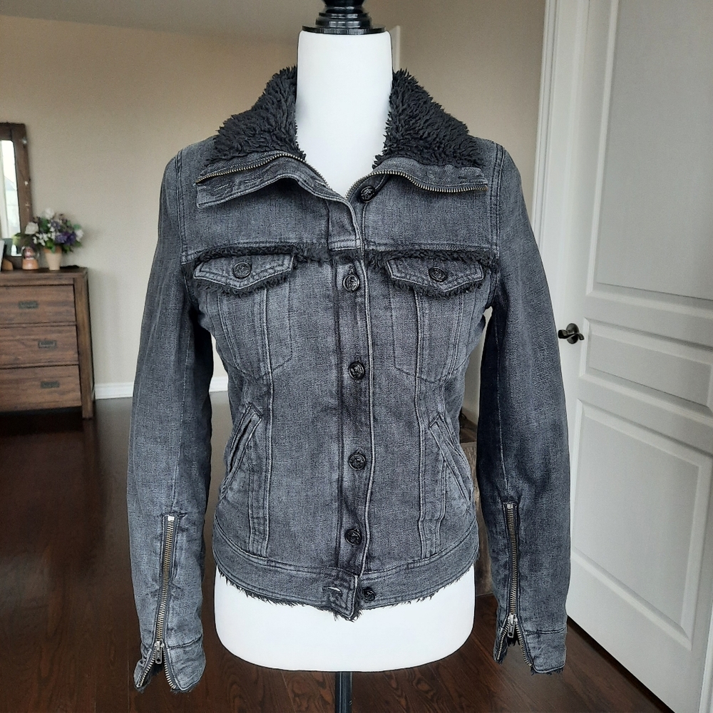 The Kooples Washed Black Sherpa Denim Jacket Size Small